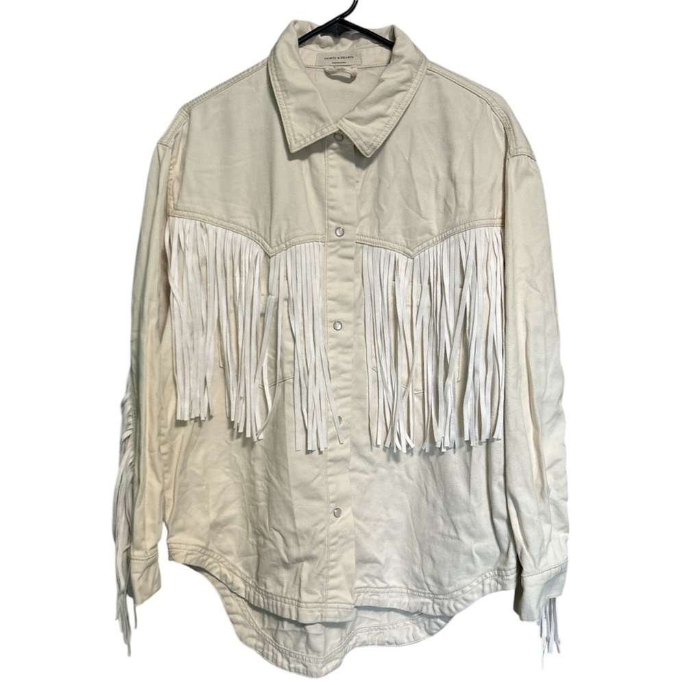 Saints & Hearts Beige Fringe Denim Jacket. Size Large.